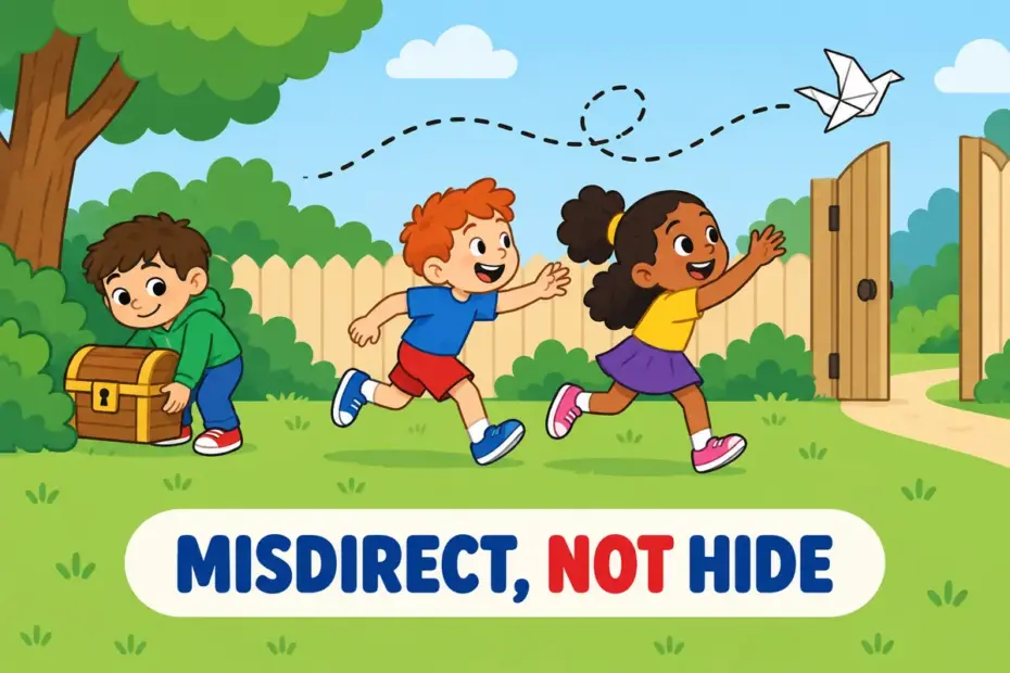 Cartoon children chase a paper decoy bird away from a treasure box, illustrating decoy in a sentence as misdirection.
