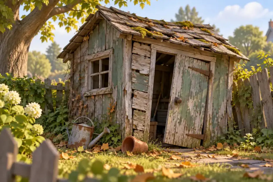 A weathered garden shed has peeling paint and a sagging roof.
