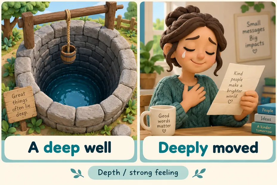 A deep well expresses depth; deeply moved expresses strong feeling.
