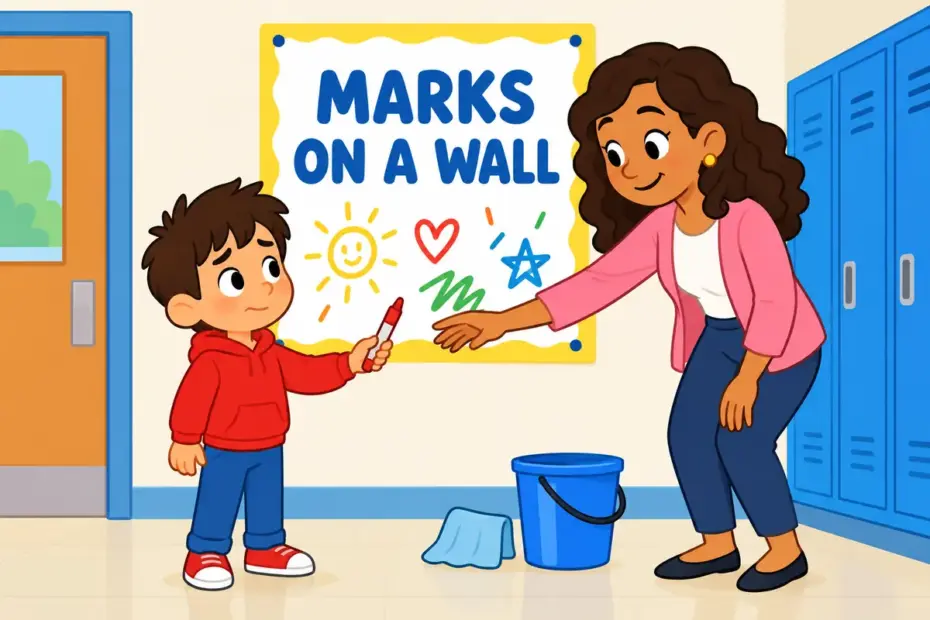A cartoon child holds a marker beside a clean wall sign, showing deface in a sentence as marking a surface and spoiling its look.