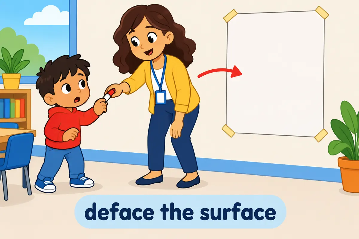 A cartoon child holds a marker beside a clean poster, showing deface as a transitive verb that acts on a surface.