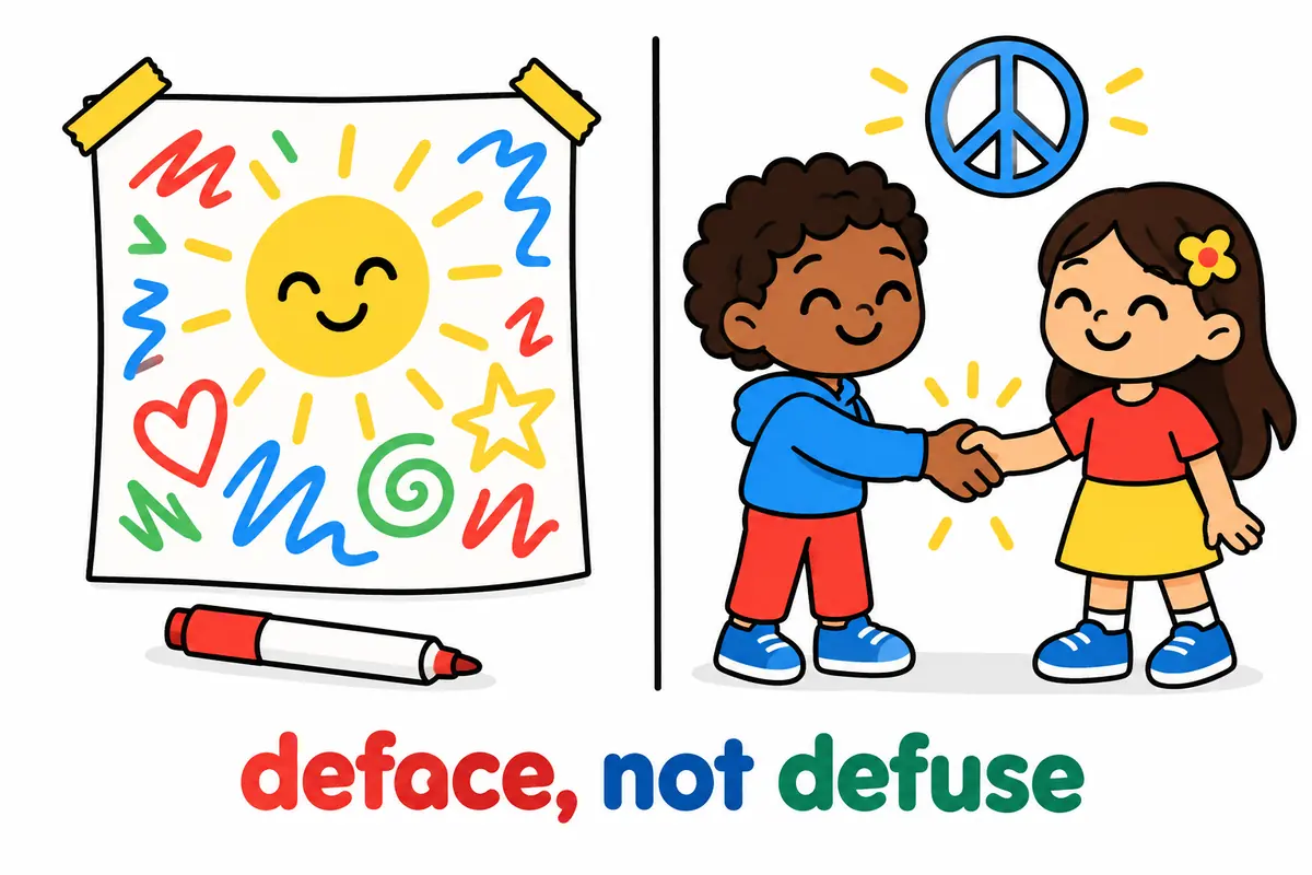 A cartoon split scene contrasts a marked poster with two children calmly shaking hands, separating deface from defuse.