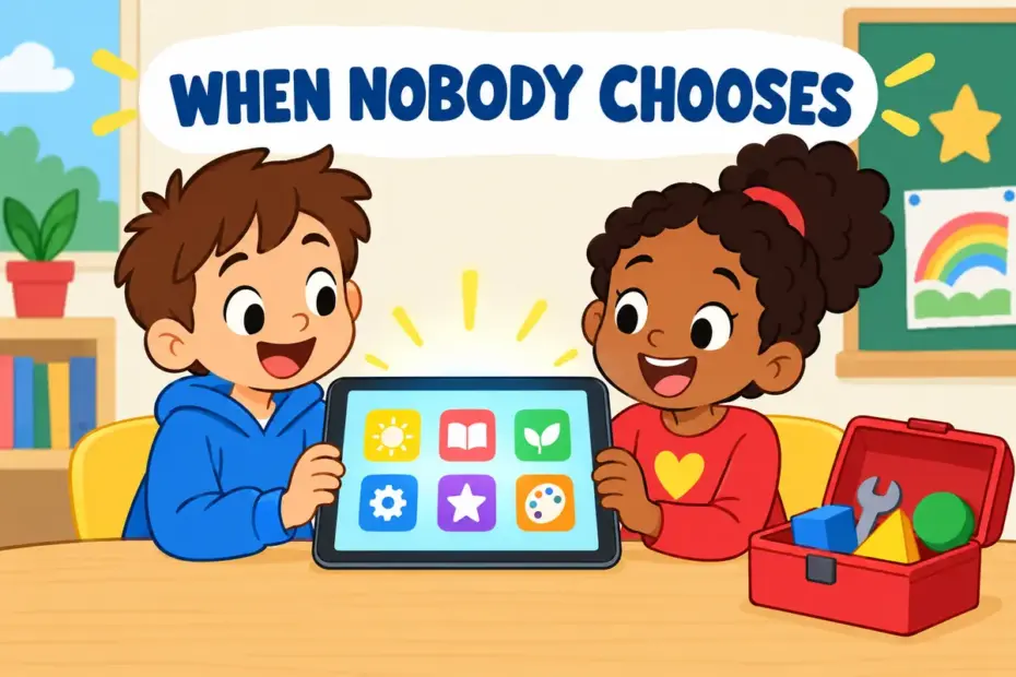 Cartoon pupils open a tablet and its default home screen appears without a tap, showing the pre-set choice.