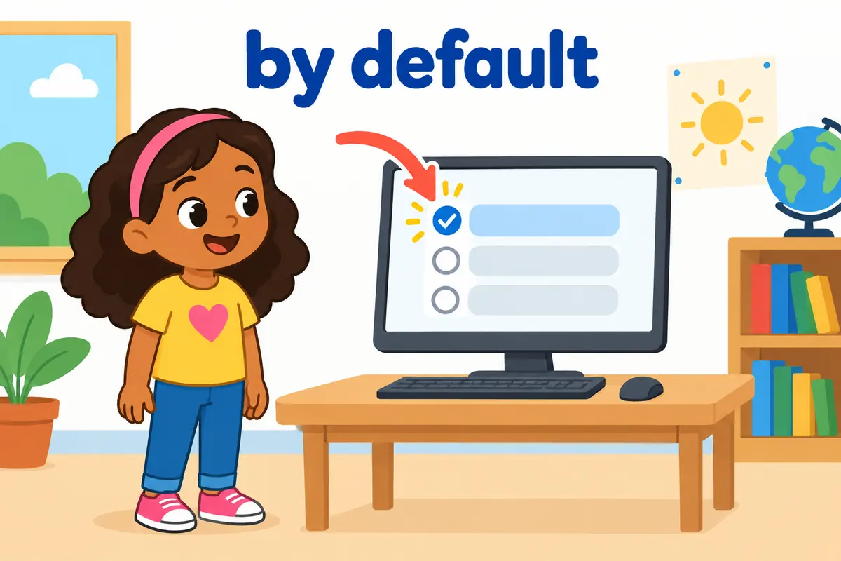 A girl watches a check mark appear on a computer screen with her hands at her sides, illustrating a preset choice made by default.