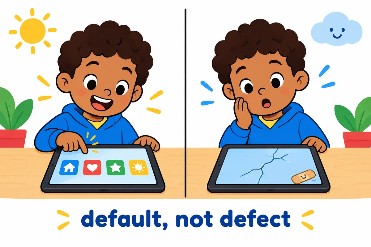 A cartoon tablet with a smooth screen stands beside a cracked screen, contrasting a default setting with a defect.