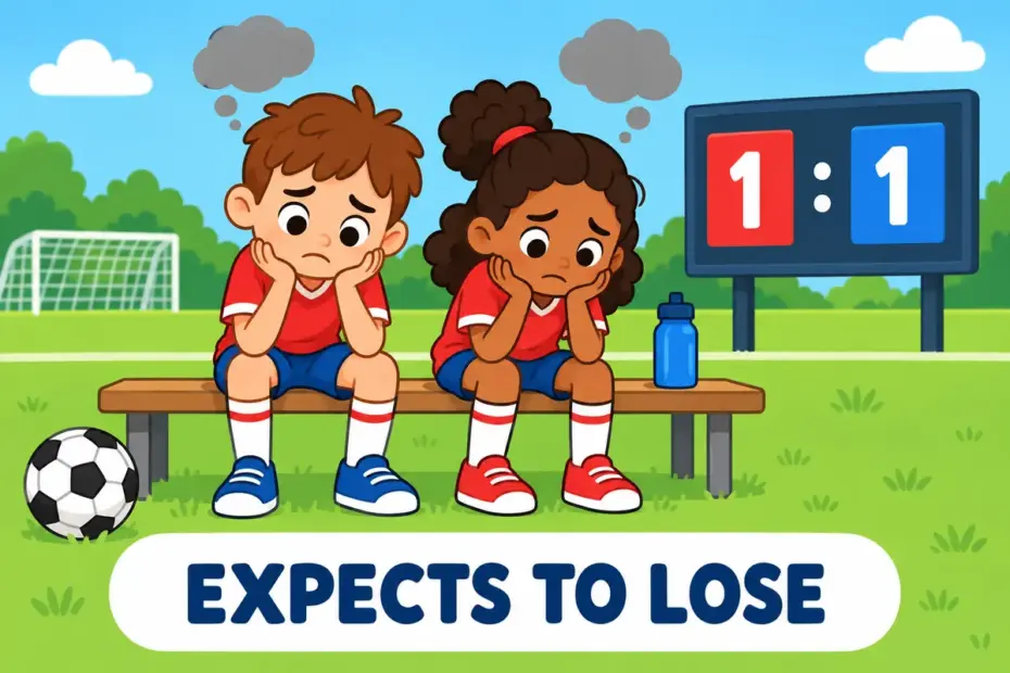 Cartoon children sit on a bench with drooping shoulders beside a scoreboard, illustrating defeatist in a sentence as expecting to lose.