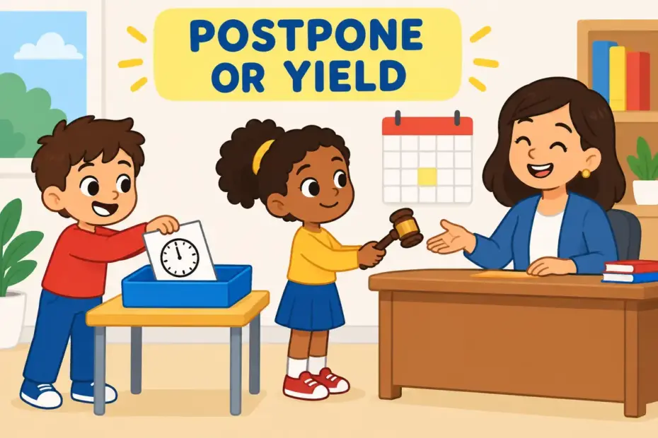 Cartoon pupils place a clock and a gavel side by side, showing defer in a sentence as postponing or yielding to a person.