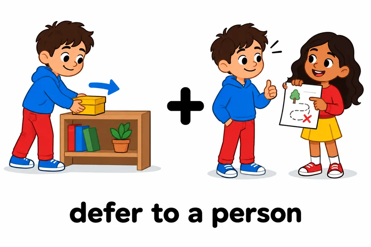 Two cartoon cards contrast defer a decision with defer to a person, showing how the preposition changes the meaning of defer.