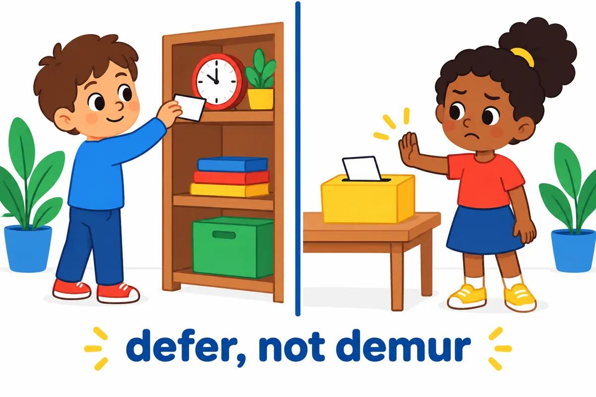 A cartoon split scene shows a calm child postponing a task on the left and a frowning child politely objecting on the right.