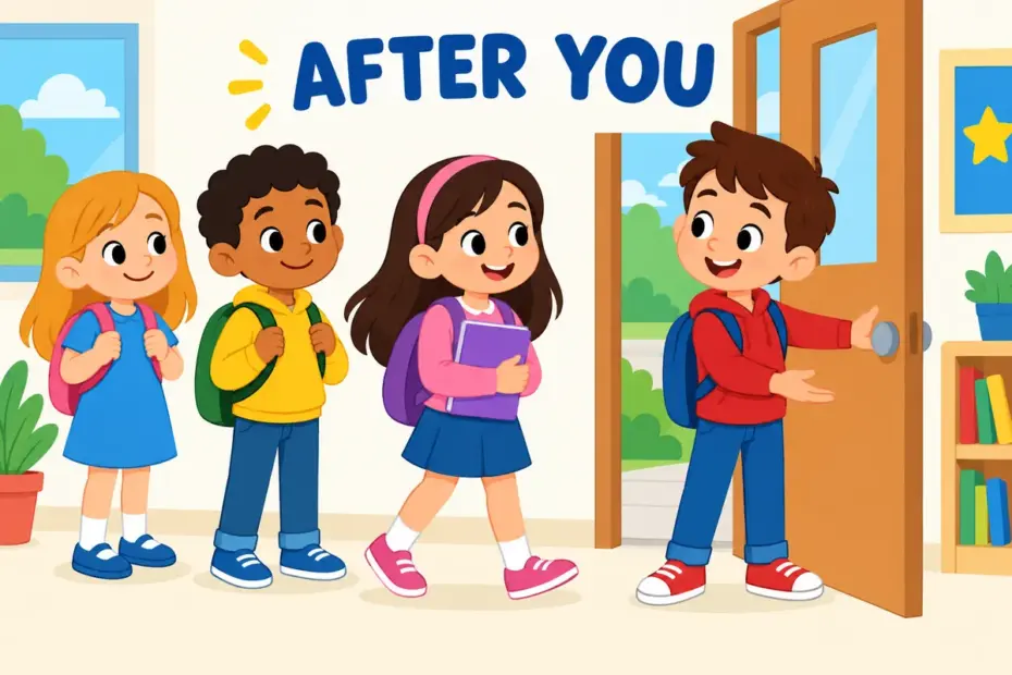 Cartoon children queue at a classroom door and one steps aside to let a classmate go first, showing deference as willing respect.