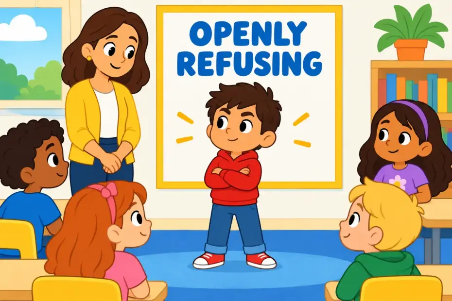 Cartoon child stands with folded arms before a rule poster, showing defiant in a sentence as open refusal to obey.