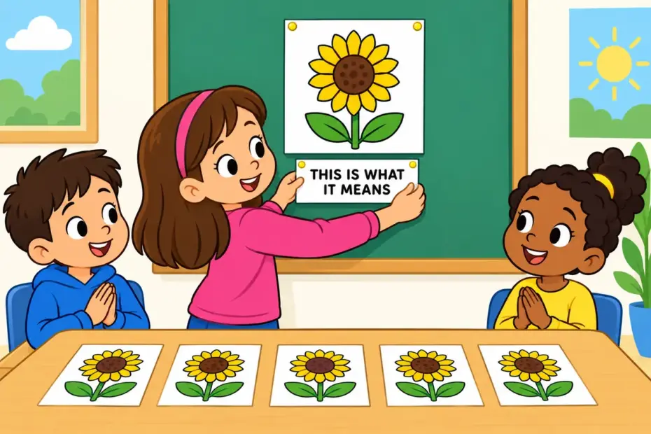 Cartoon children label a classroom object with a neat card, showing define in a sentence as fixing an exact meaning.