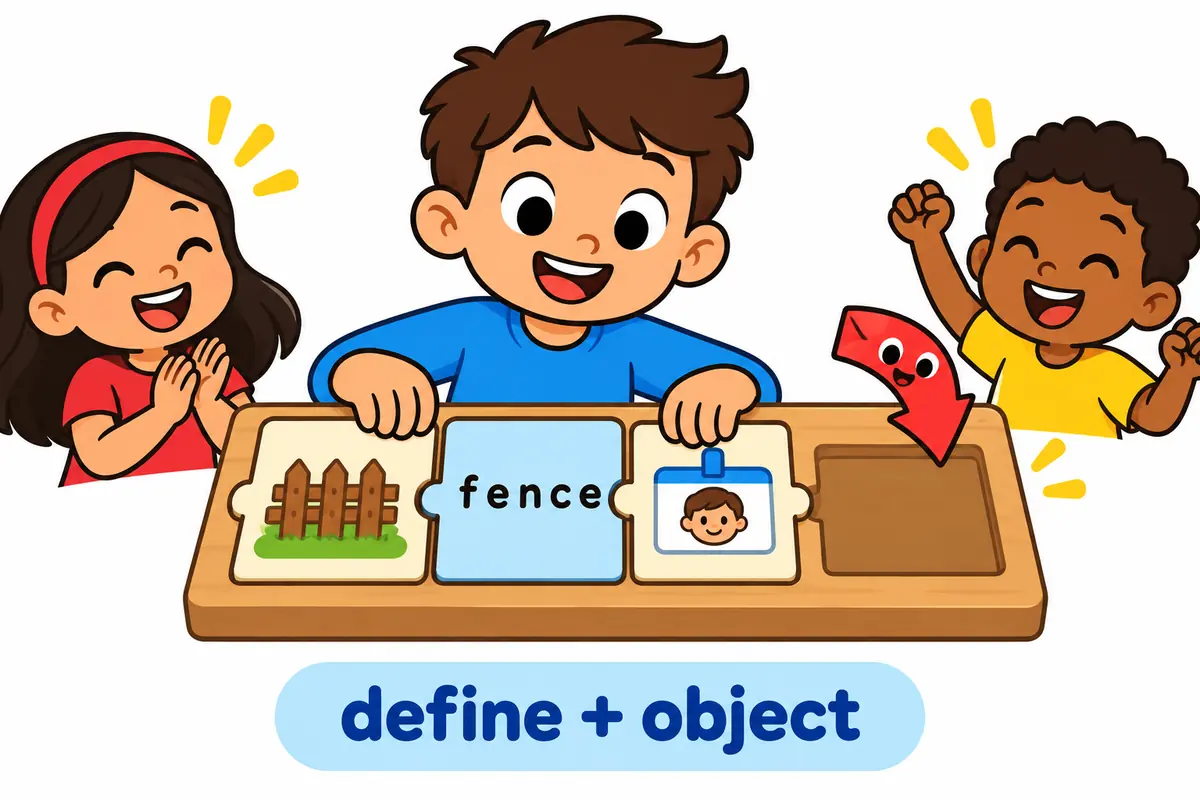 Cartoon cards show a word, a boundary and a role slotting into the object position after the verb define.