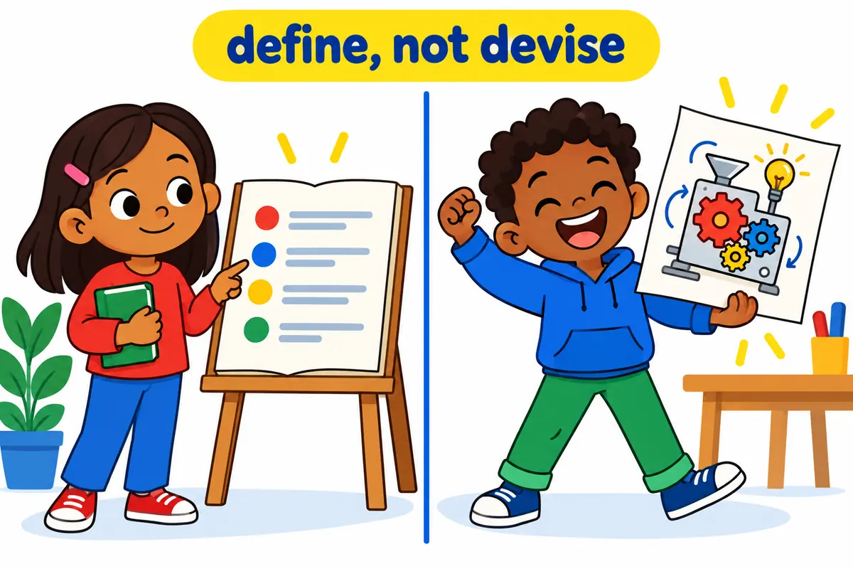 A cartoon split scene shows one child writing a clear glossary line while another sketches a clever new machine.