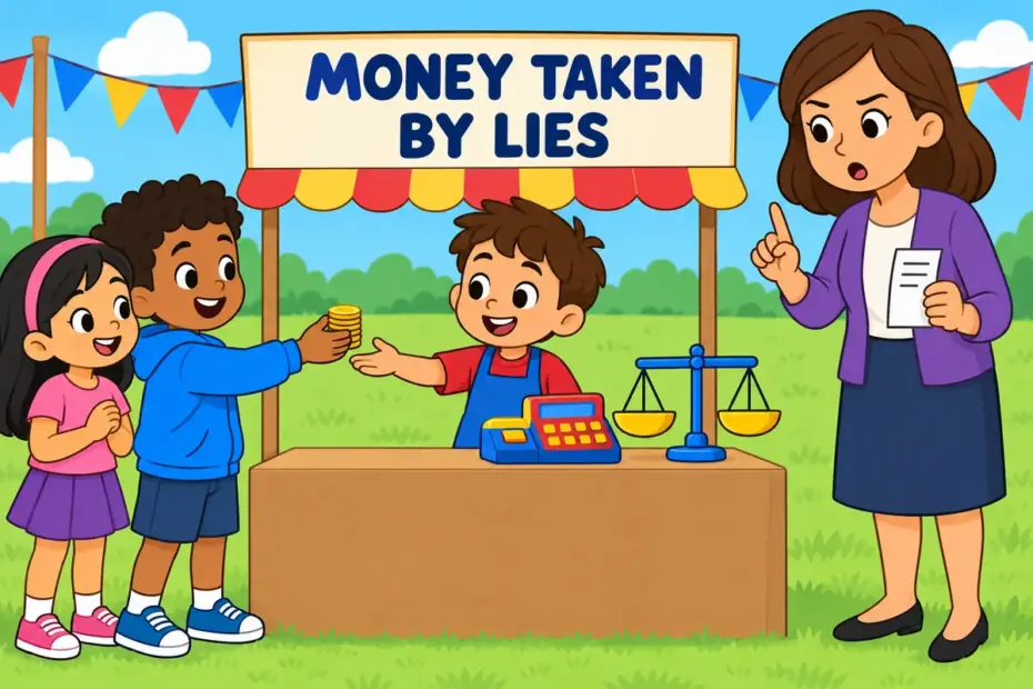 Cartoon children act out a fair stall where a dishonest trader takes toy coins, showing defraud in a sentence as cheating for money.