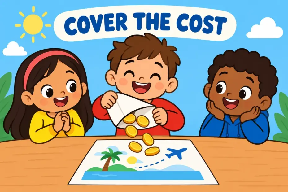 A cartoon grant envelope drops coins onto a bill marked travel costs, showing defray in a sentence.