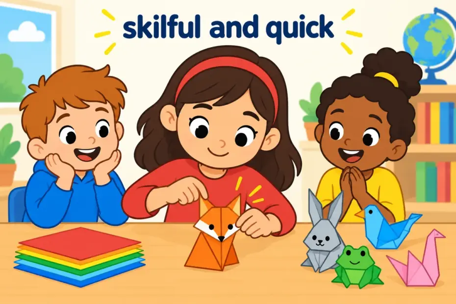 A cartoon girl ties an origami fox with one neat motion, illustrating deft in a sentence as quick precision.