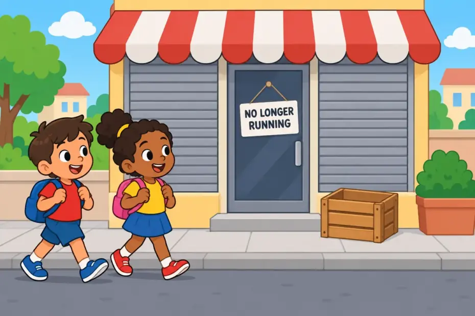 Cartoon children pass a shuttered shop with a closed sign, showing defunct in a sentence as something no longer operating.