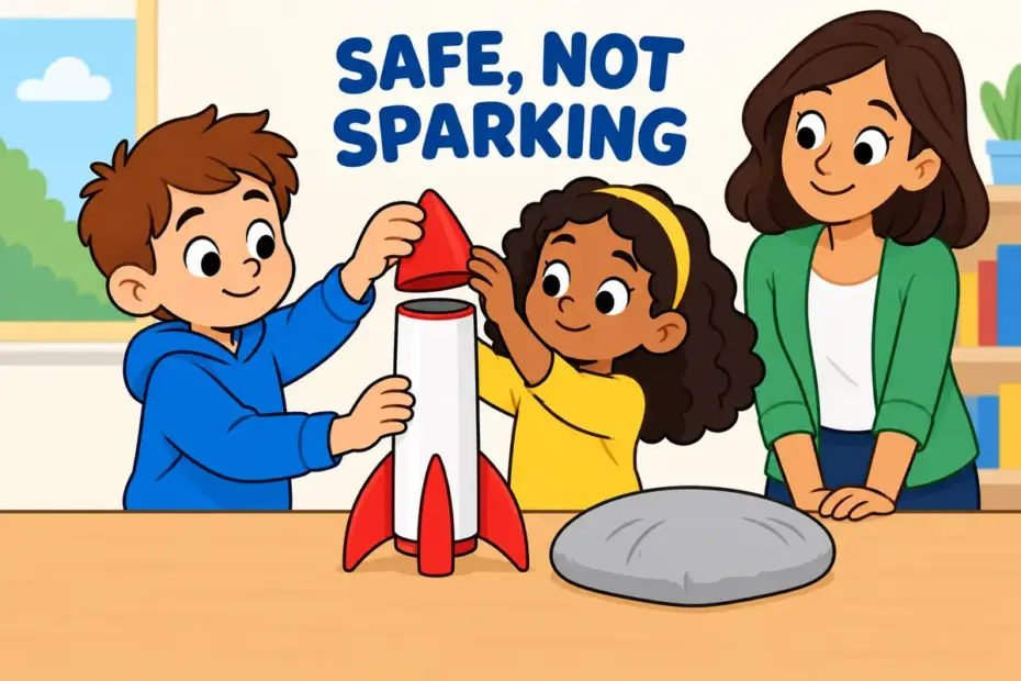 Cartoon children gently remove a red plug from a model rocket on a table, showing defuse in a sentence as making something safe.