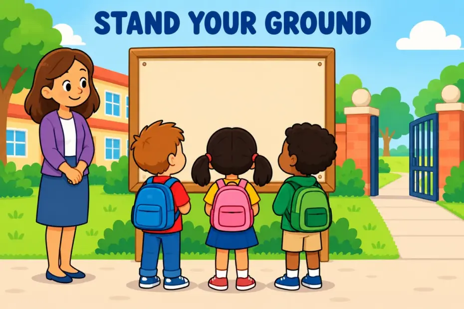 Cartoon pupils stand calmly in a line before a notice board, showing defy in a sentence as a public refusal to obey.