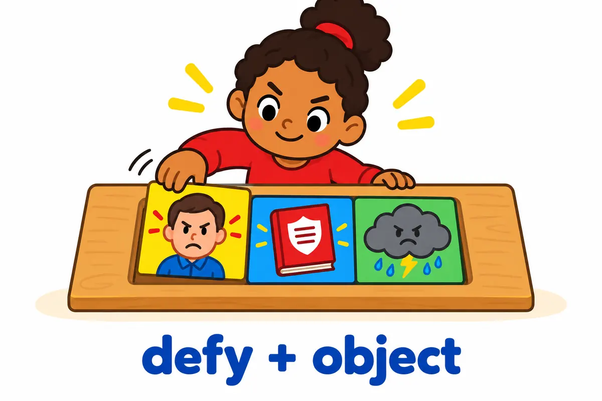 A cartoon child pushes three picture cards of a person, a rule and a storm into a single slot directly after the word defy.
