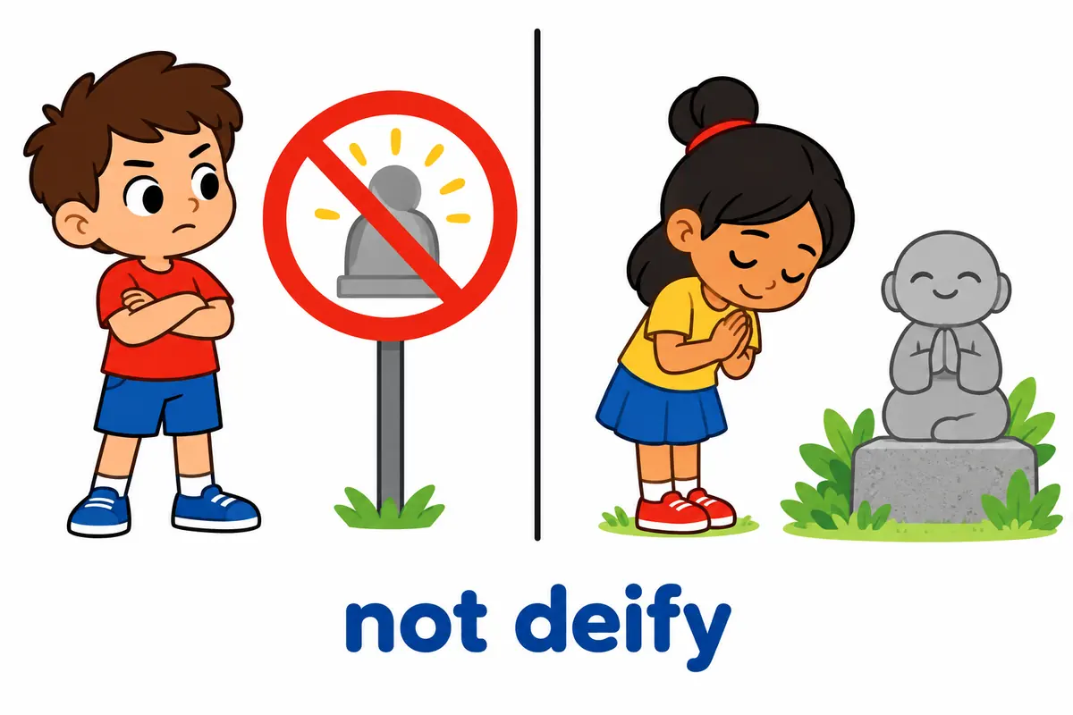 A cartoon split scene contrasts a child standing firm before a rule sign with another child bowing to a small statue on a pedestal.
