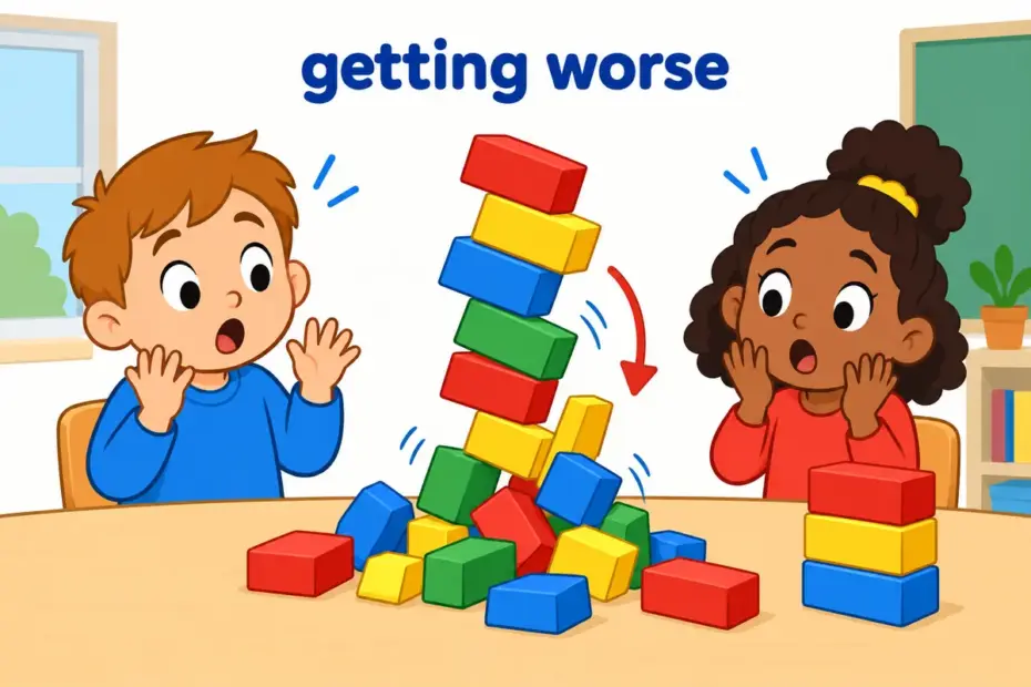 Cartoon children watch a tall block tower slide into a lower heap, showing degenerate in a sentence as falling into a worse state.