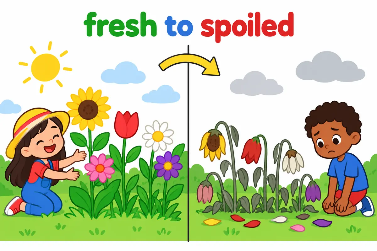 A cartoon split scene contrasts a fresh healthy garden with a wilting one to show becoming worse.