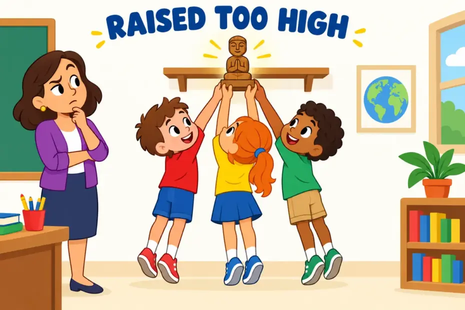 Cartoon children lift a small statue onto a high ledge, showing deify in a sentence as raising someone up.