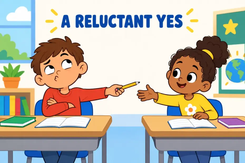 A cartoon pupil agrees to help with a tiny sigh, showing deign in a sentence as a reluctant act.