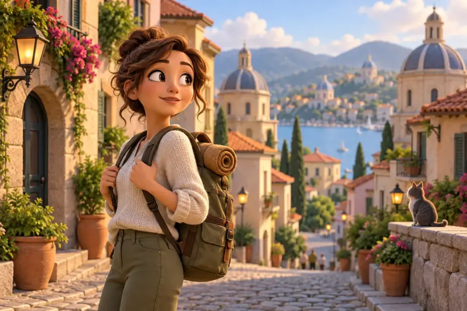 A traveler pauses in a new street that feels familiar, subtle echoed building shapes in the background.