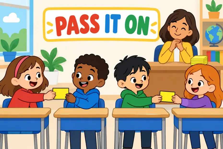 Cartoon pupils pass a labelled task card down a line, showing delegate in a sentence as handing work to someone.