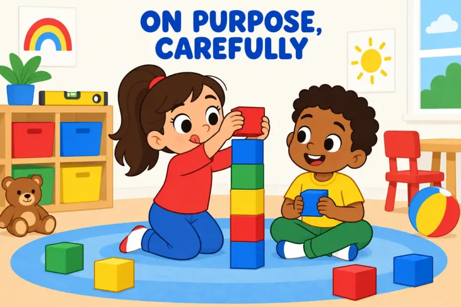 Cartoon children place one block at a time with steady care, showing deliberate in a sentence as intentional, unhurried action.