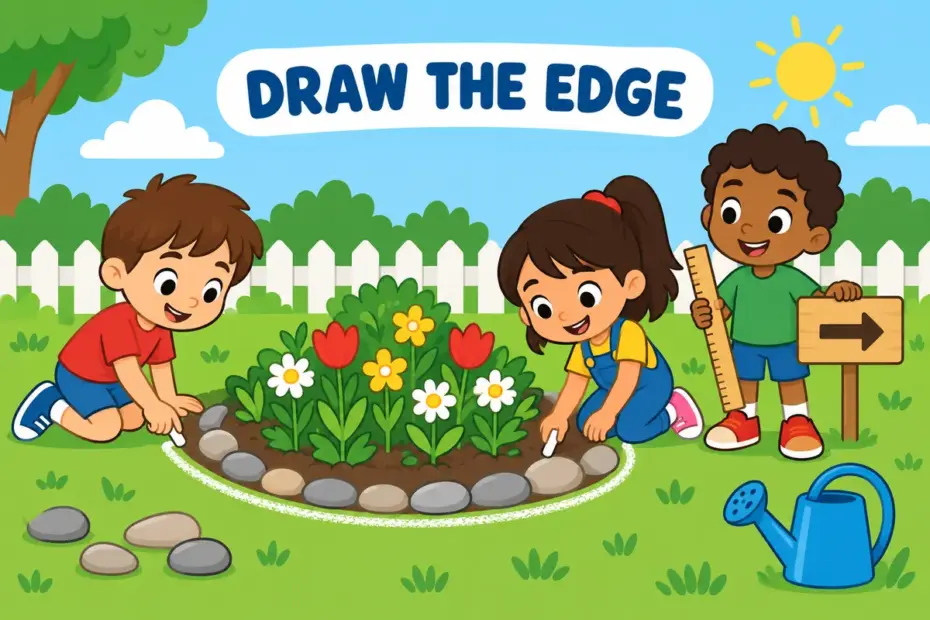 Two cartoon children chalk a clear border around a garden bed, showing delineate in a sentence as marking an edge.