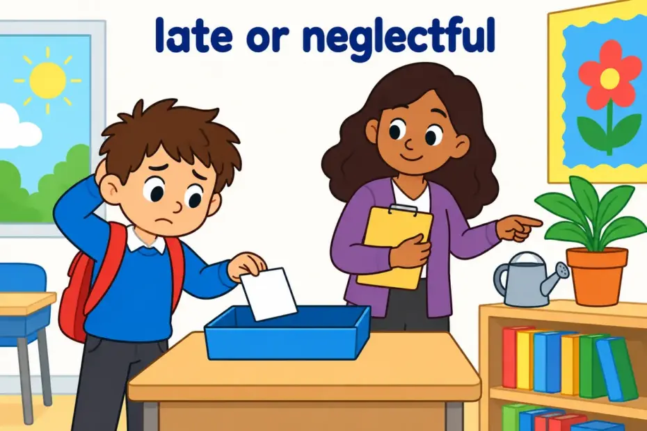 An overdue classroom duty illustrates delinquent in a sentence as late or neglectful.