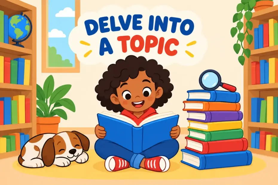 Cartoon pupils lean over an open book pulled from a tall stack, illustrating delve in a sentence as searching deeply into a subject.