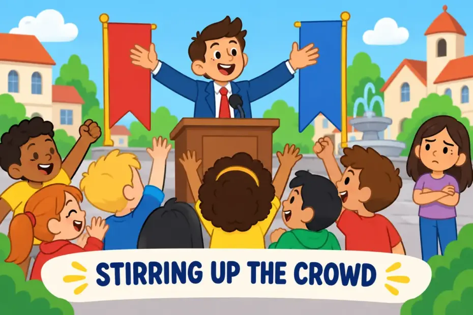 A cartoon speaker stirs an excited crowd from a podium, illustrating demagogue in a sentence as a manipulative leader.