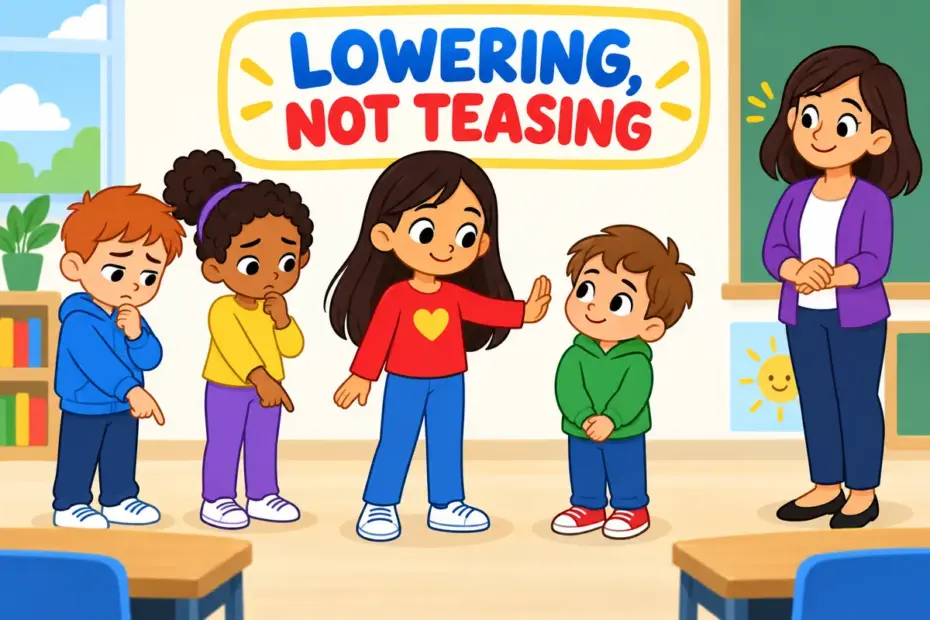 Cartoon child shields a smaller friend from a mocking gesture, showing demean in a sentence as lowering another person.