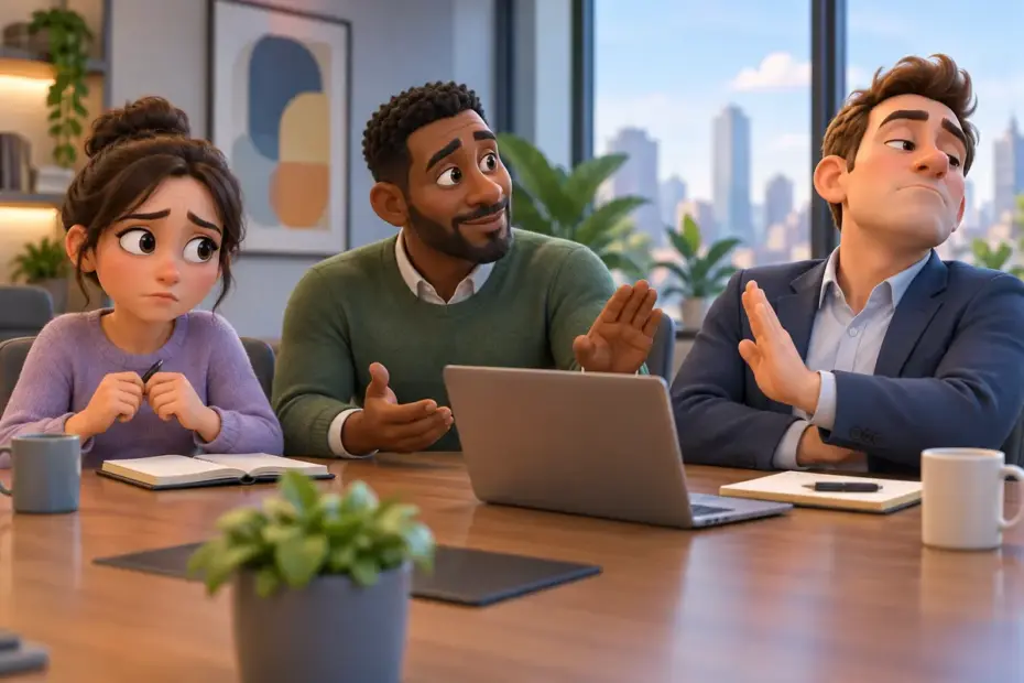 A meeting participant looks uncomfortable while another dismisses their contribution, a colleague intervenes calmly.