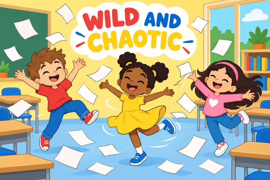 Cartoon children whirl through flying paper in a classroom, illustrating demented in a sentence as frenzied chaos.