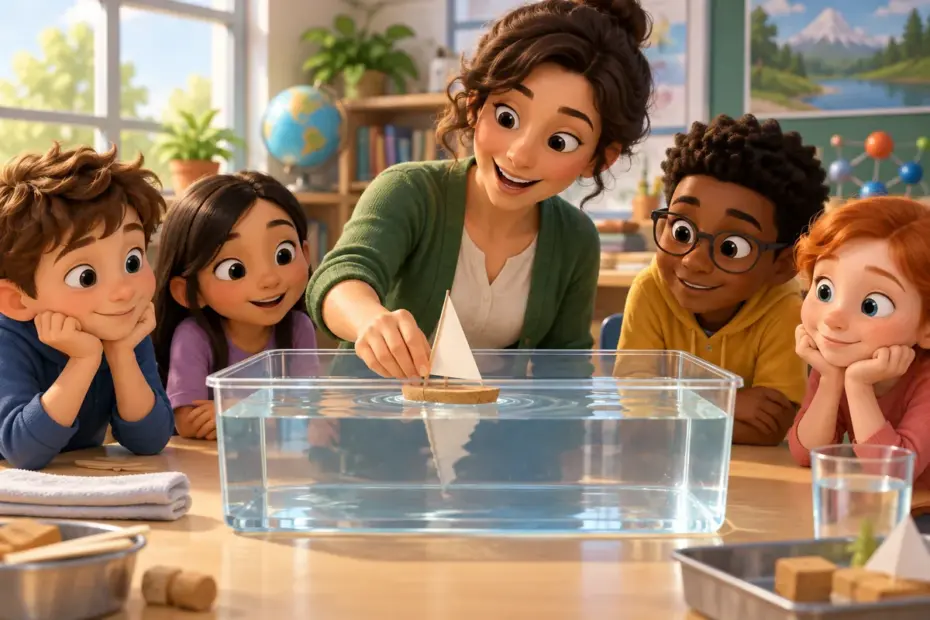 A science teacher shows students how a small model boat floats in a water tray.