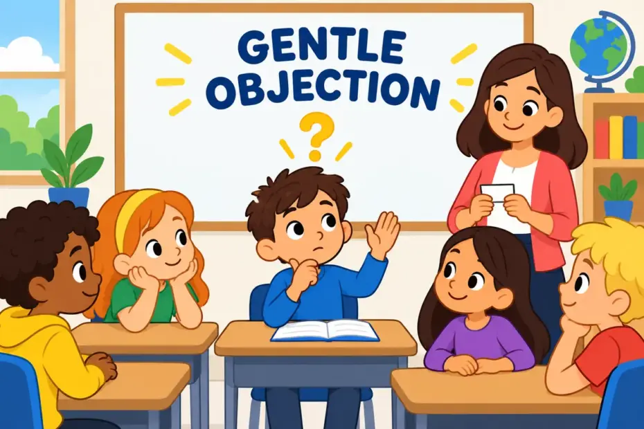 A cartoon child raises a hand quietly during a class vote while others turn to listen, showing demur in a sentence.