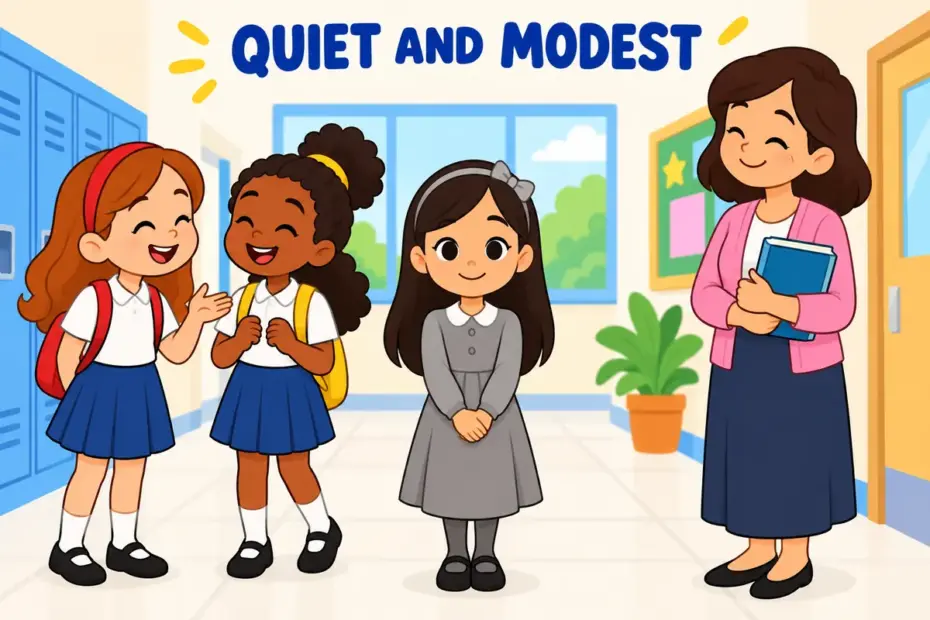 A cartoon girl stands calmly in a modest dress beside classmates, showing demure in a sentence as quiet, understated modesty.