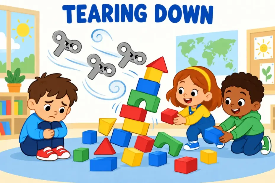 Cartoon children watch unkind wind-up arrows knock down a classmate's tall block tower, showing denigrate in a sentence as unfair criticism.