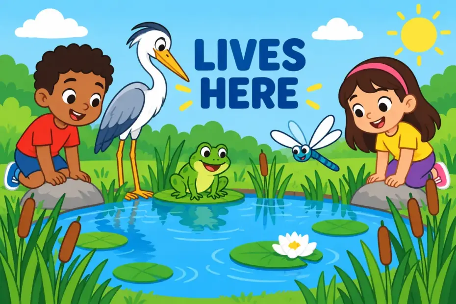 Cartoon animals gather in a pond habitat, showing denizen in a sentence as the creatures that live in one place.