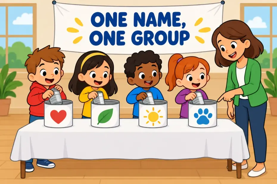 Cartoon children sort labelled tins, showing denomination in a sentence as one named group inside a larger whole.
