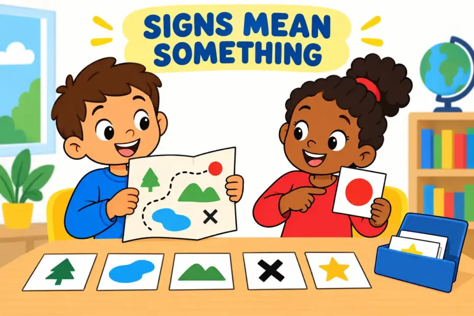 Cartoon children match map signs to pictures, showing denote in a sentence as a symbol standing for a set meaning.