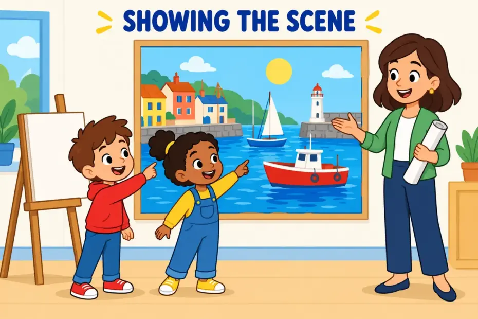 Cartoon pupils point at a wall mural of a harbour, illustrating depict in a sentence as showing a scene.