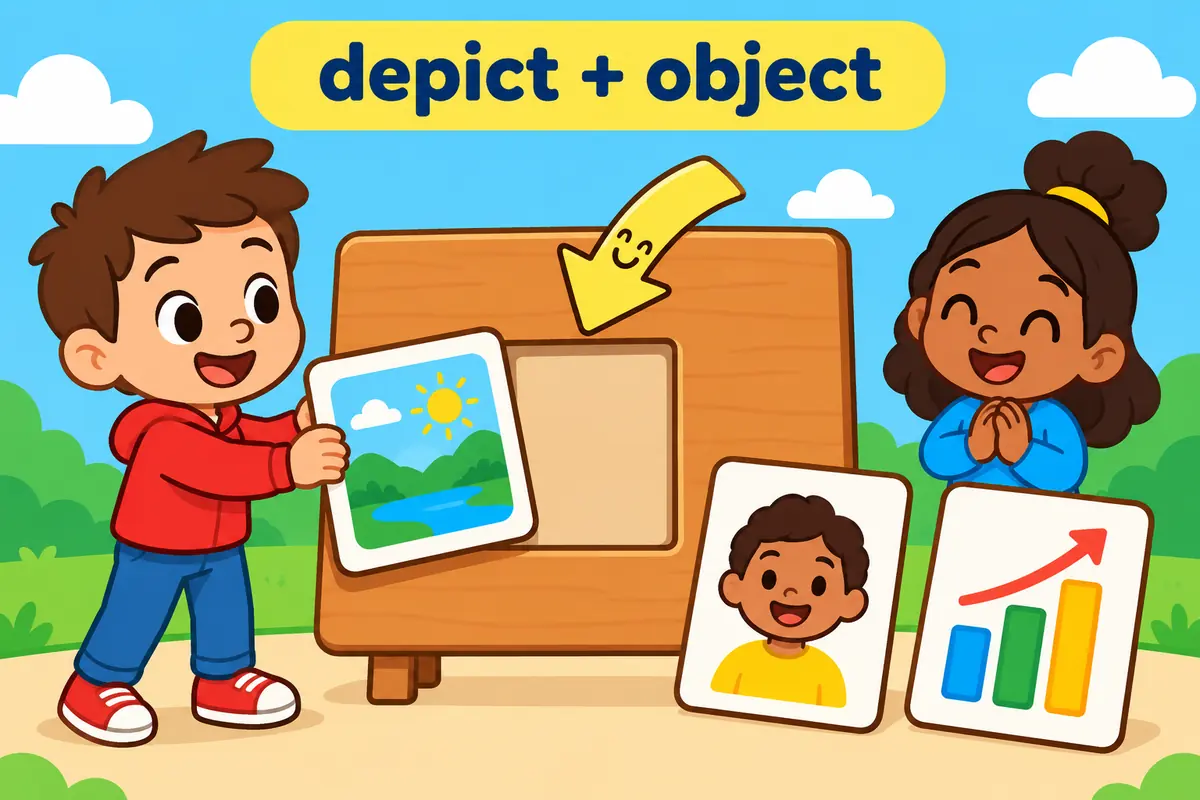 Three cartoon picture frames show a scene, a person and a chart slotting into the object position after the verb depict.