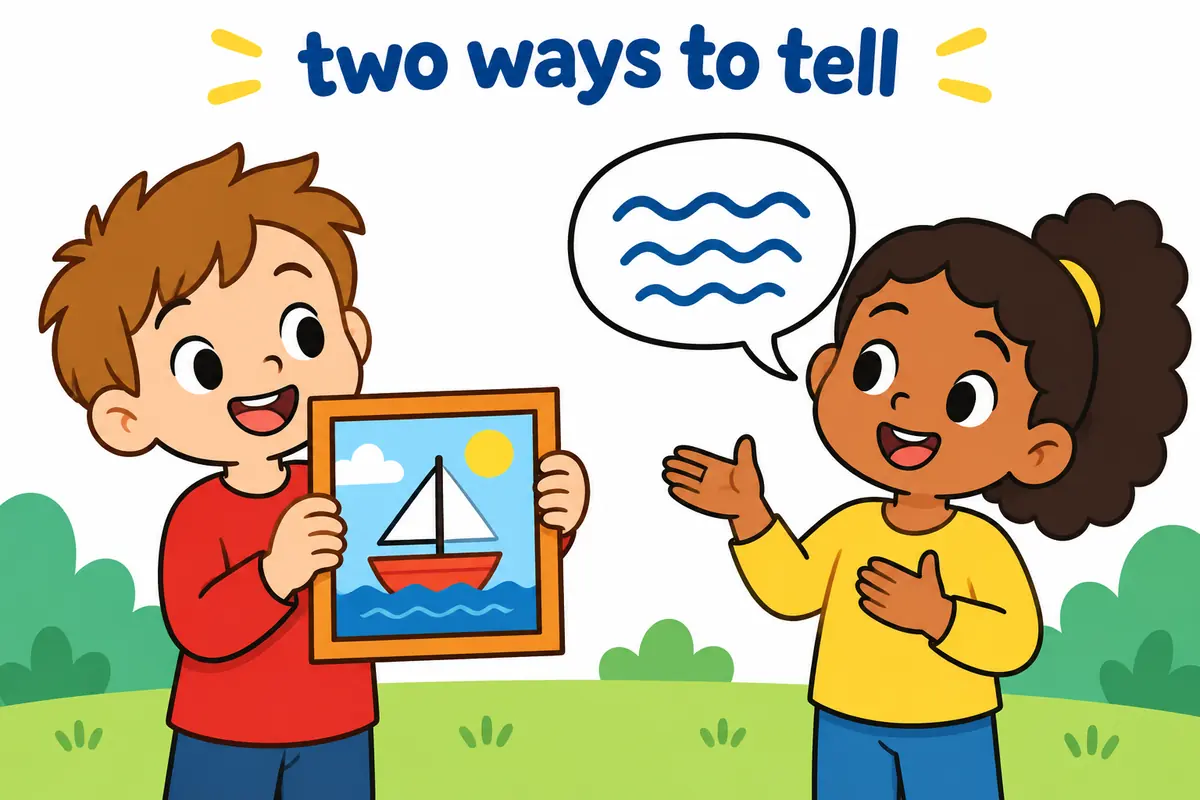 A single cartoon scene contrasts a painter showing a harbour scene with a child telling the same story in words.